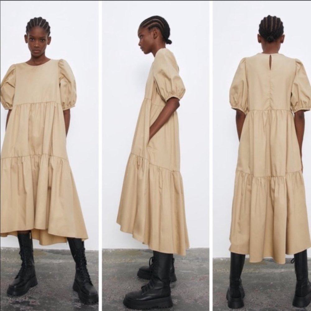 NEW ZARA ASYMMETRIC POPLIN DRESS CAMEL Bloggers S